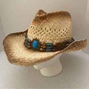 Western Paper Straw Cowboy Hat Turquoise Beaded Band Boho Festival Cowgirl
